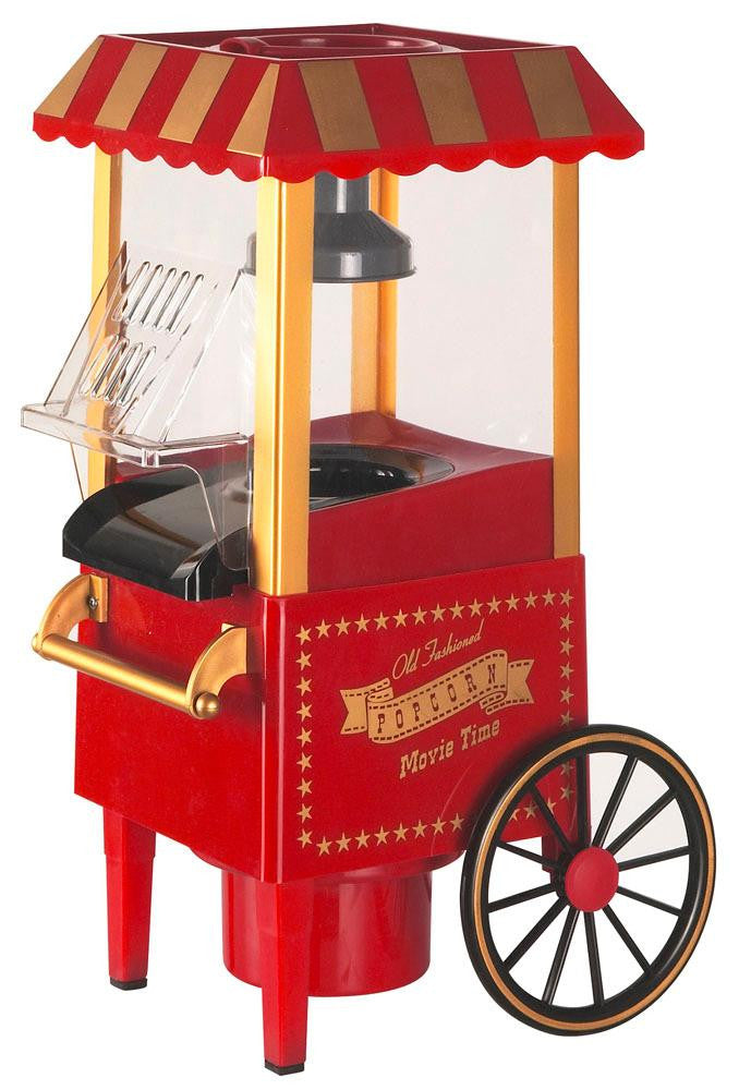 Red popcorn machine with striped roof on a white background