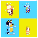 Four cartoon characters on a checkered yellow and blue background