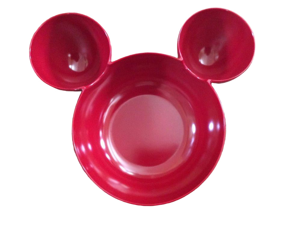 Red bowl shaped like a face with two round ears on a white background