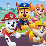 Four cartoon dogs from Paw Patrol with colorful hats on a blue background
