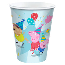 Paper cup with Peppa Pig and friends design on a light blue background