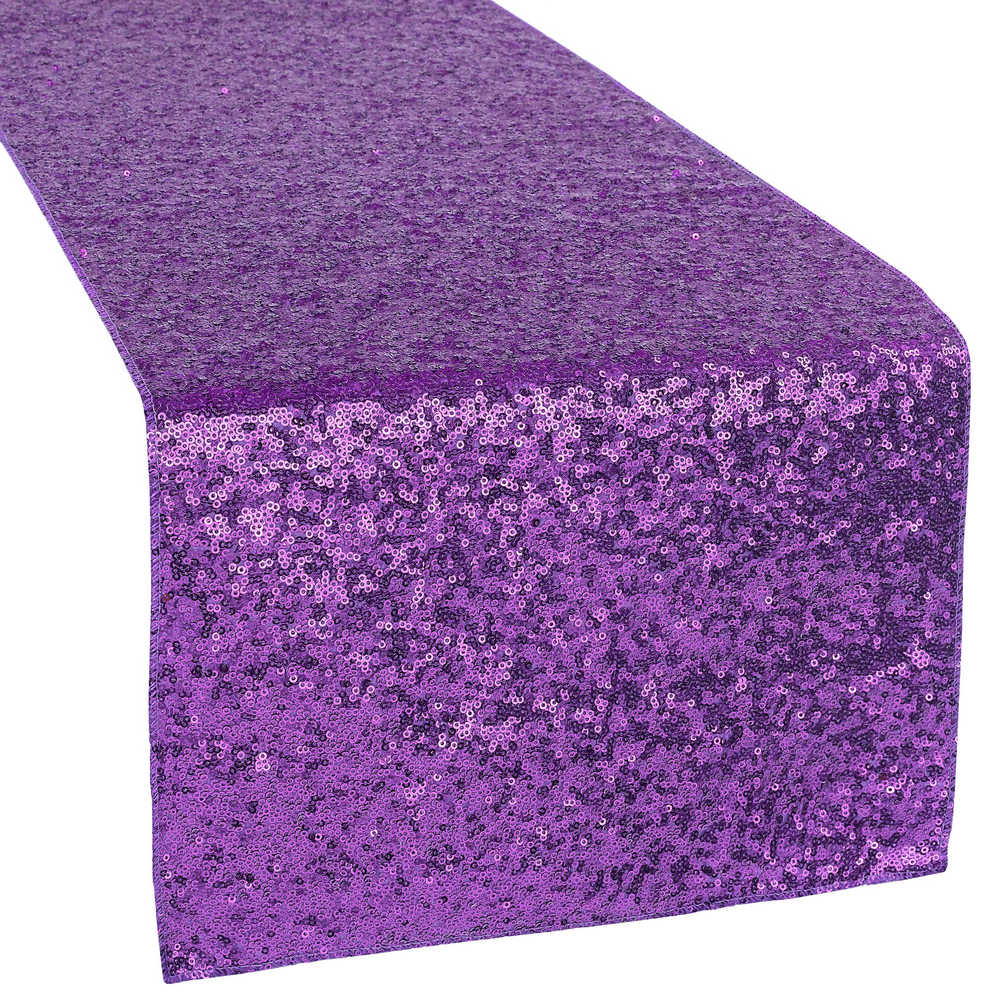 Purple sequin table runner on a white background
