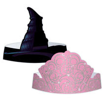 Black witch hat and pink tiara with silver glitter on a white background