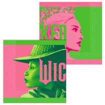 Two decorative paper napkins with a stylized woman's face and text on a pink and green background.