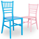 Two colorful chairs, one blue and one pink, on a white background